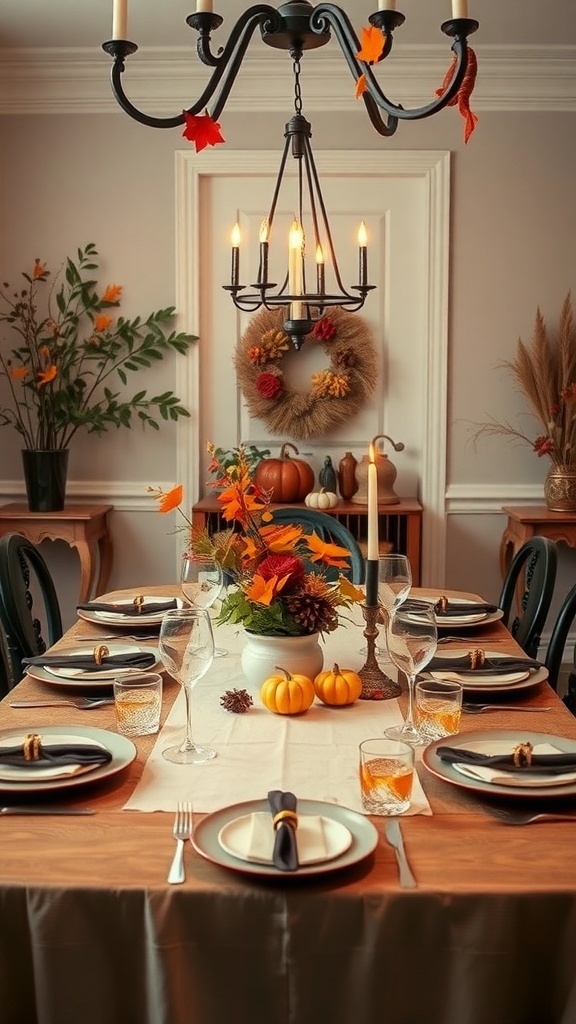 A beautifully set Thanksgiving dinner table with autumn decorations, pumpkins, and floral arrangements.
