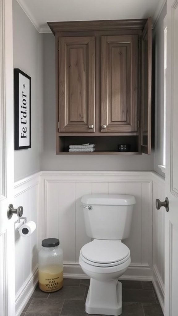 Small bathroom with custom built-in cabinet above the toilet, showcasing a clean and organized design.