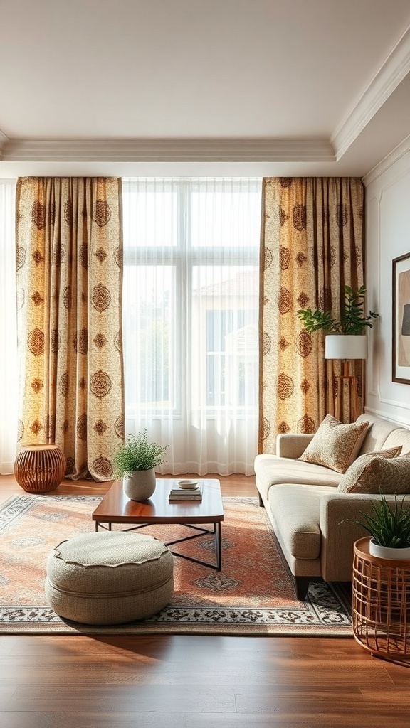 A cozy living room featuring earthy patterns in curtains and rugs.