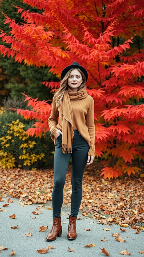 A woman in a warm orange sweater, dark leggings, and brown boots standing in front of vibrant red autumn leaves.
