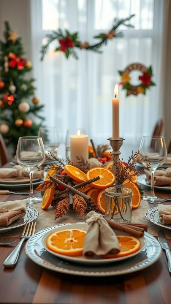A beautifully decorated dining table for Christmas featuring orange slices and cinnamon sticks.