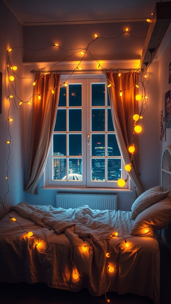 A cozy bedroom with fairy lights draped around the window and bed, creating a warm atmosphere.