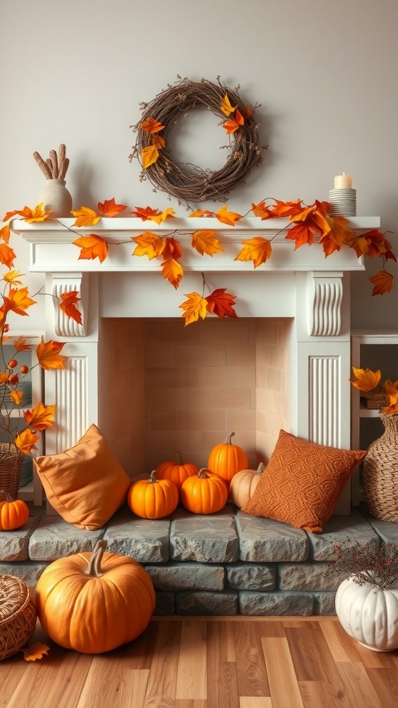 A cozy fireplace decorated for fall with pumpkins, autumn leaves, and warm pillows.