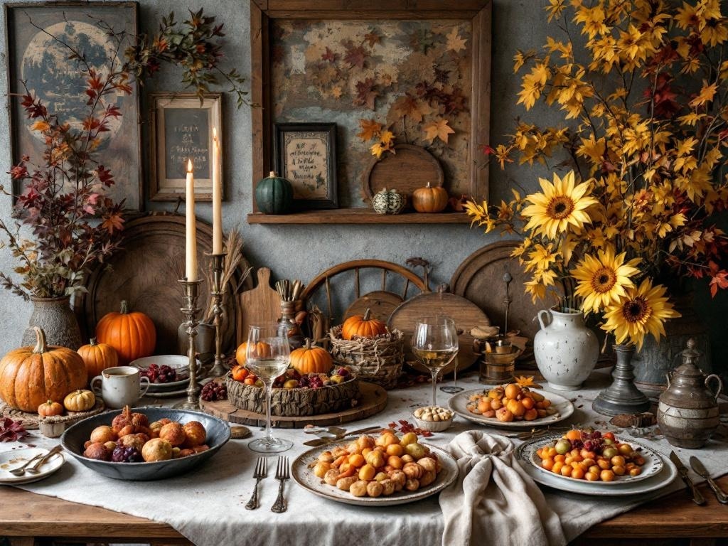 A beautifully arranged Thanksgiving table with pumpkins, sunflowers, and rustic decor.