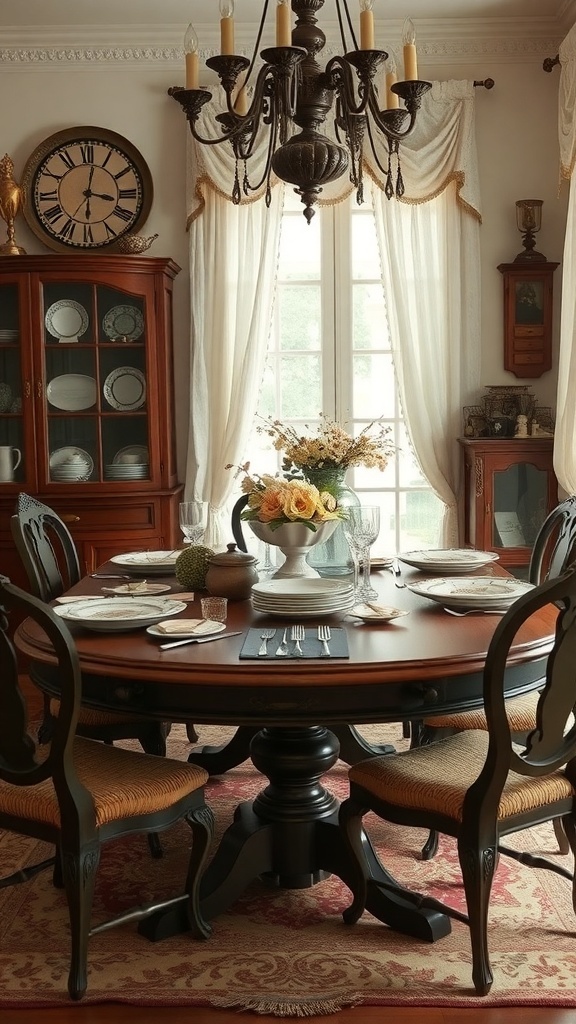 A beautifully set dining table with a vintage chandelier and floral centerpiece.