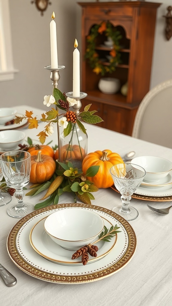 A beautifully set Thanksgiving dinner table featuring heirloom dishes, pumpkins, and autumn decorations.