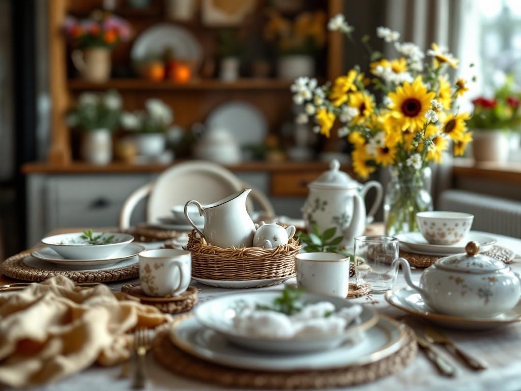 Thanksgiving table featuring heirloom china, rustic accents, and fresh sunflowers.