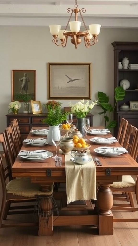 A rustic farmhouse dining table set with dishes, flowers, and decorative items.
