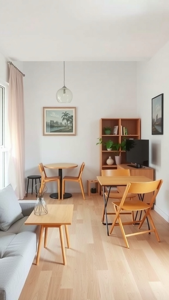 A cozy small living room featuring foldable furniture, including a table and chairs.