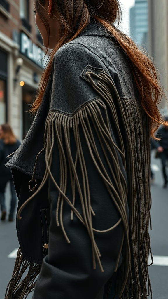 A woman wearing a stylish fringe jacket, showcasing a western chic outfit.