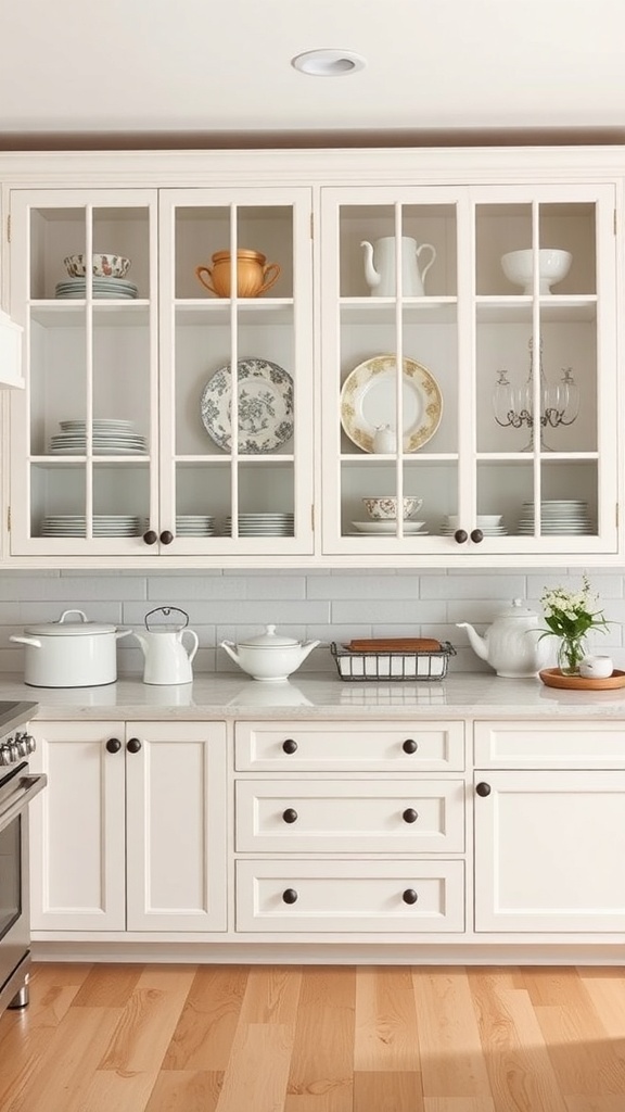 A farmhouse kitchen with glass-front cabinets displaying elegant dishware and decor.