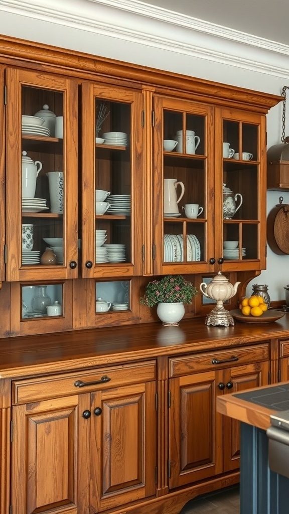 Rustic kitchen cabinets with glass doors displaying dishes and decor.