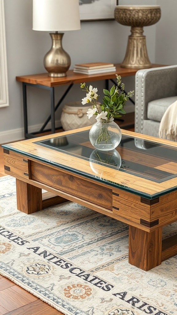 A rustic coffee table with a glass top and a small vase of flowers on it.