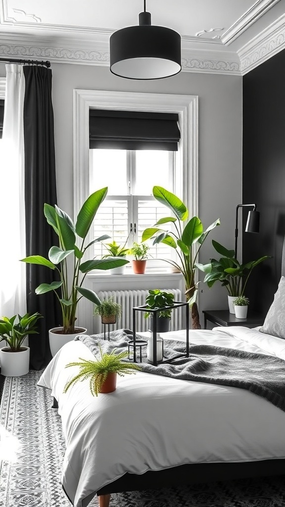 A black and white bedroom featuring a bed with a gray striped duvet, surrounded by various green plants.