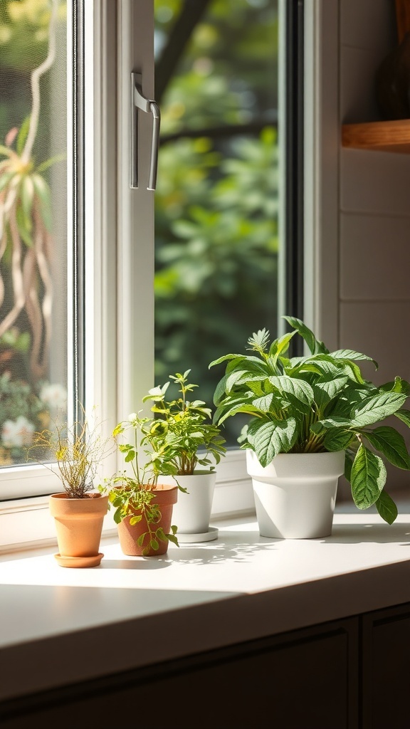 A sunny kitchen windowsill with small pots of herbs and plants.