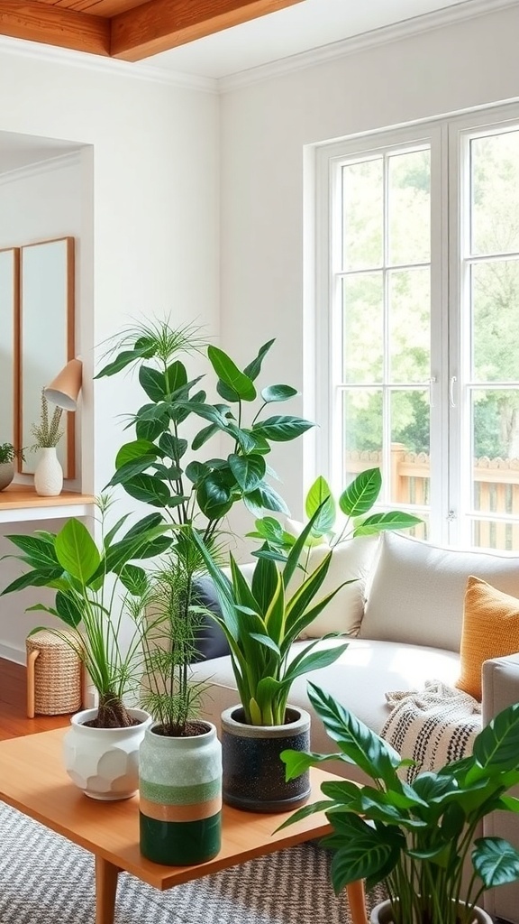 A modern farmhouse living room with various indoor plants in decorative pots.