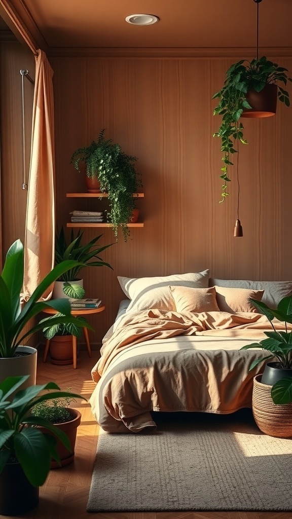 A cozy brown bedroom with various plants adding freshness.