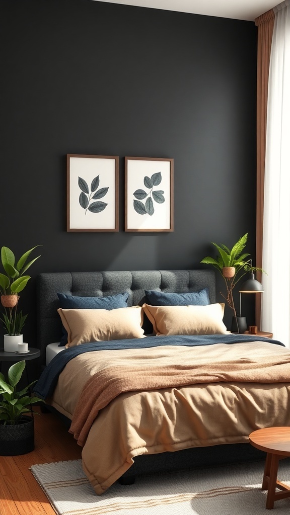A stylish black and tan bedroom featuring plants and framed leaf art.