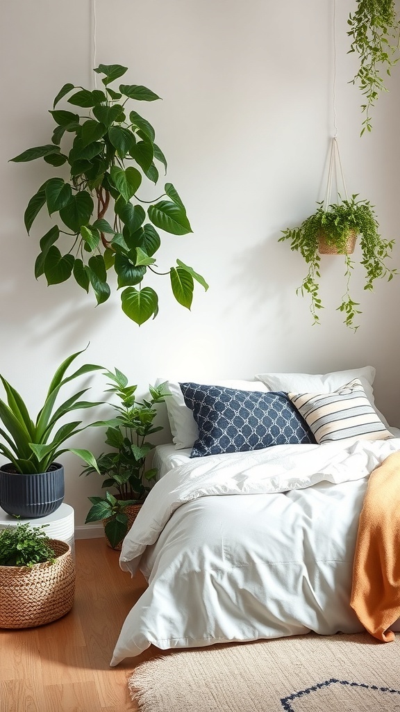 A neutral teen girl bedroom featuring wooden furniture and various indoor plants.