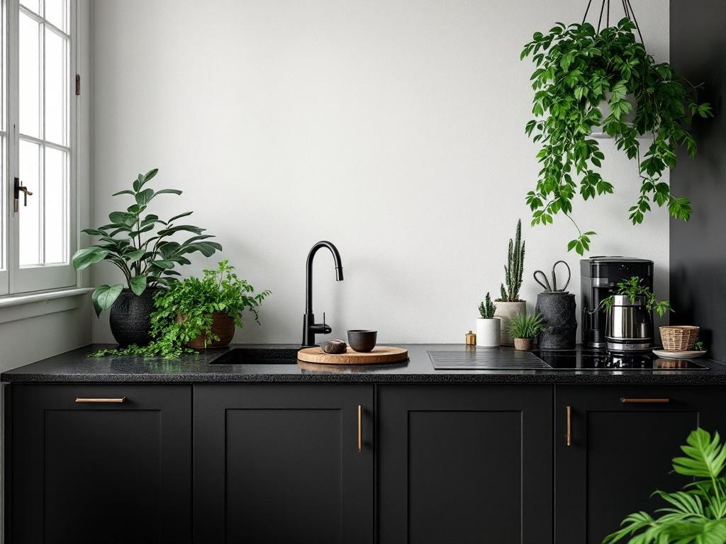 A modern black kitchen featuring various plants on the countertop and hanging from the ceiling.