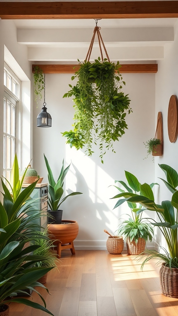 A bright indoor space featuring various plants, including hanging ferns and potted greenery, showcasing modern farmhouse style.