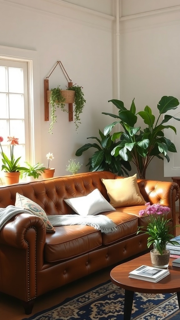 A cozy living room featuring a leather couch, potted plants, and a warm atmosphere.