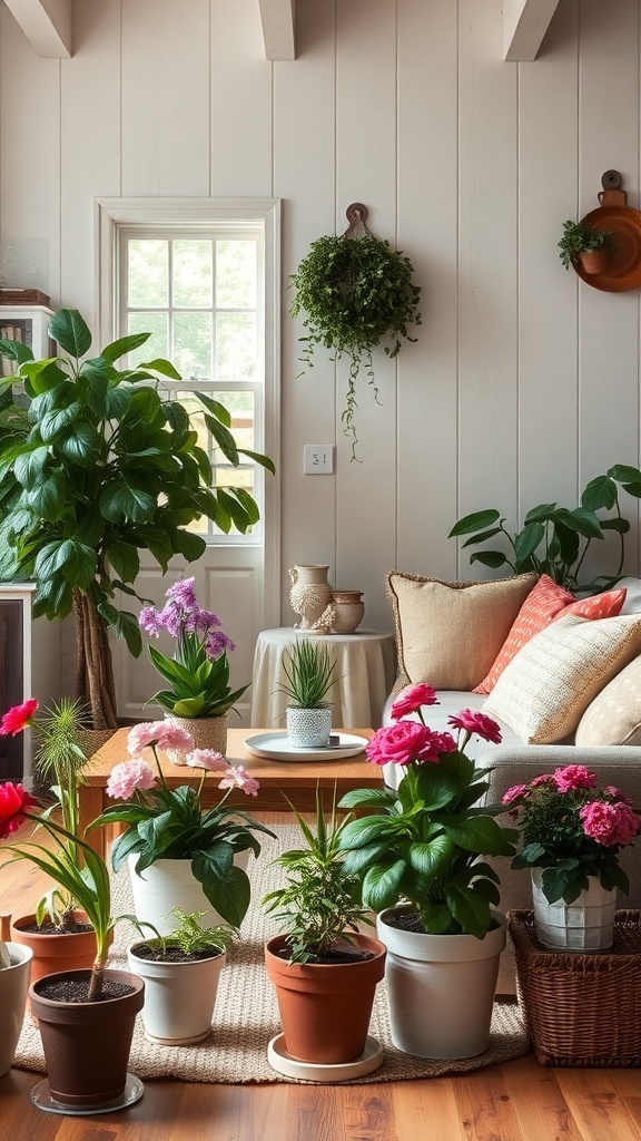 A cozy farmhouse living room filled with various potted plants and greenery.