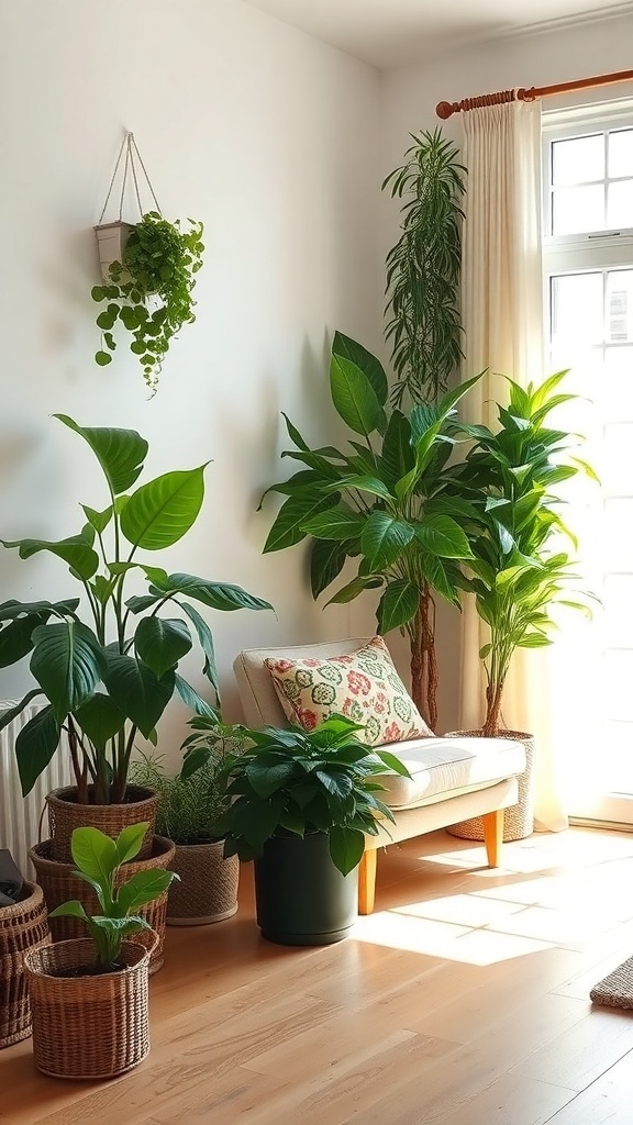 A modern rustic living room with various indoor plants and a cozy chair.