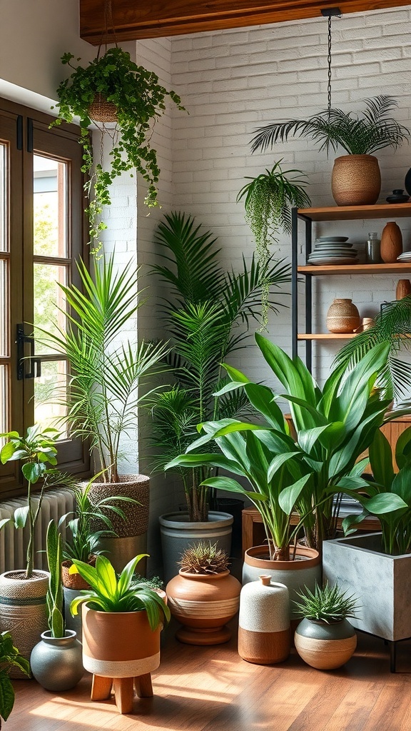 A cozy corner of a modern rustic home filled with various indoor plants in stylish pots.