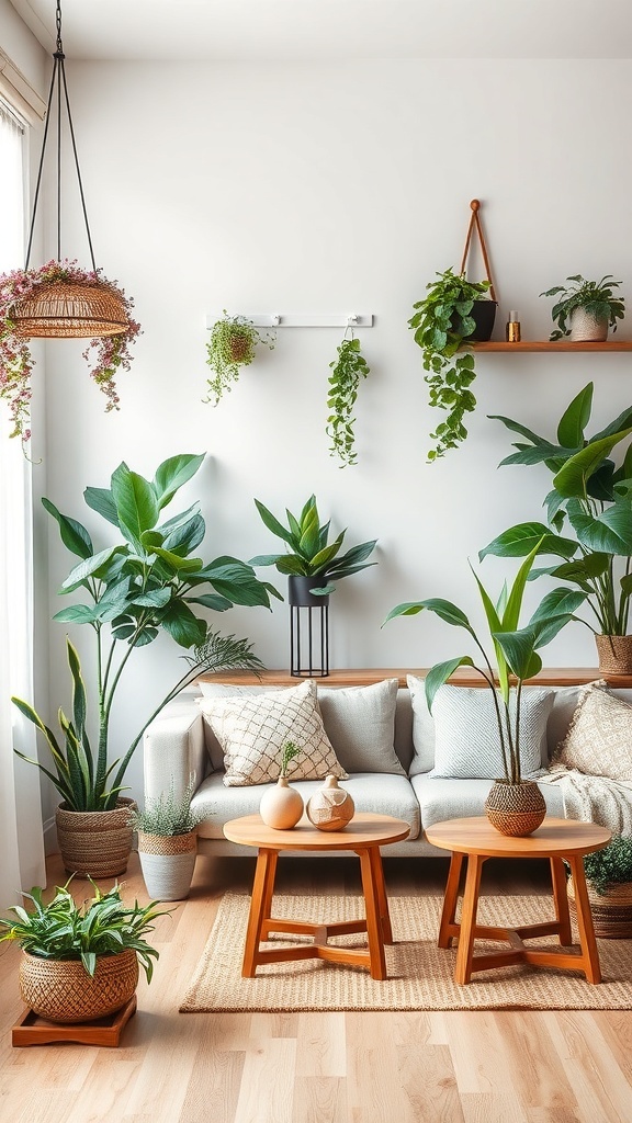 A cozy living room with a light-colored sofa surrounded by various indoor plants in pots and hanging planters.