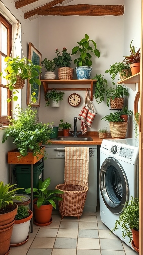 A rustic laundry room filled with various plants and greenery.