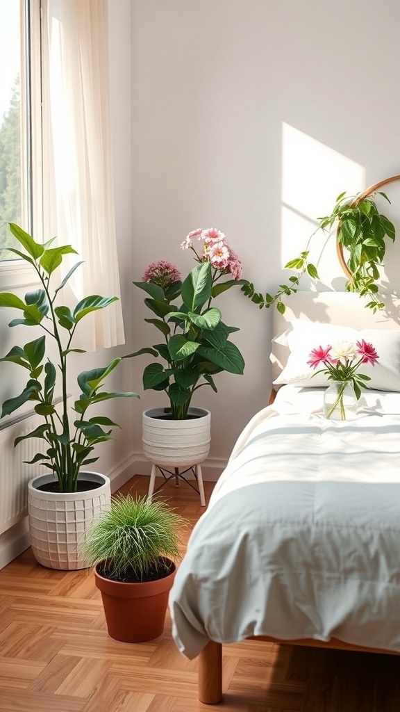 A bright bedroom with various plants, including a large leafy plant and flowers, next to a bed.
