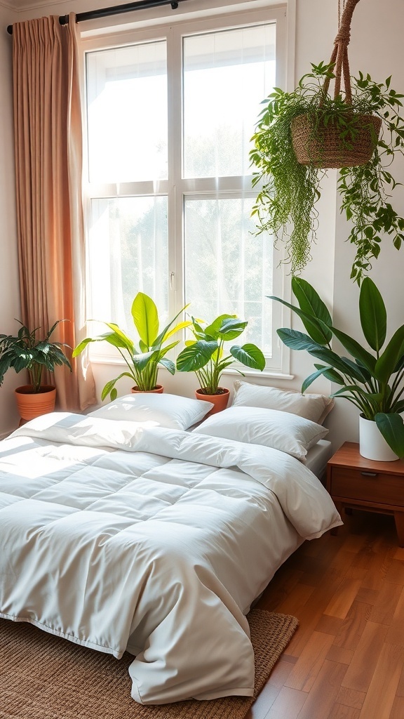 A warm modern bedroom with a bed, potted plants, and a hanging plant by the window.