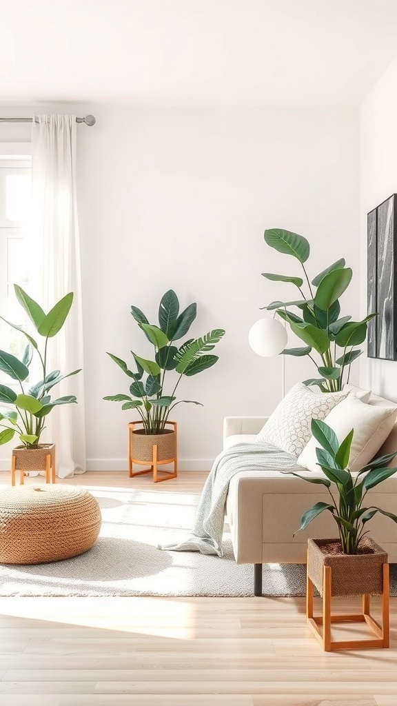 A soft neutral living space featuring plants and natural light.