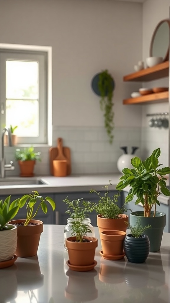 A minimalist kitchen with various potted plants on the countertop.