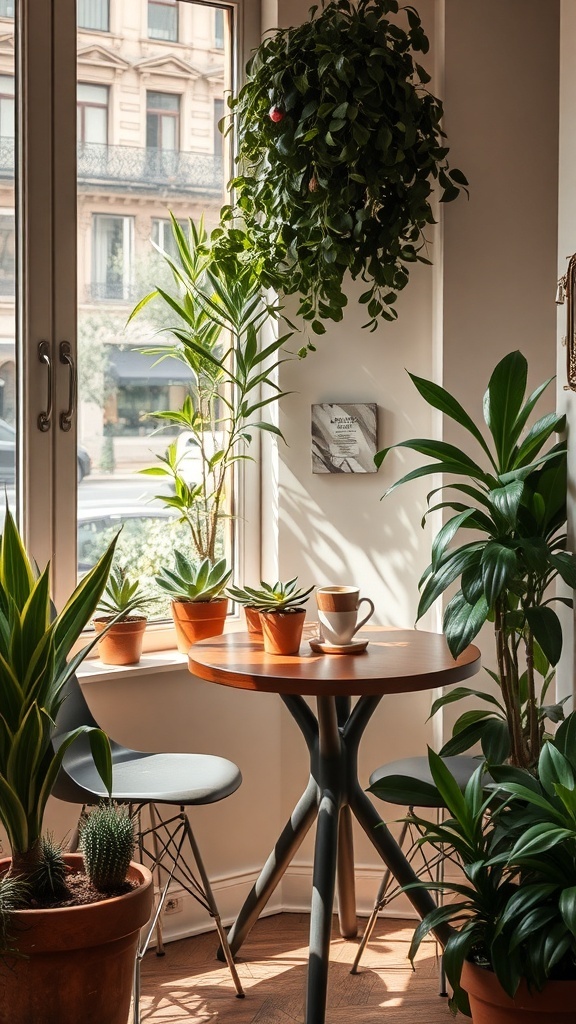 Cozy coffee nook with various plants and a small table.
