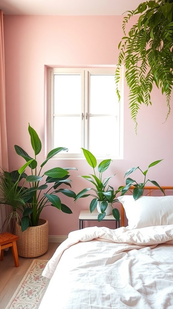 A soft pink bedroom with various indoor plants, including a hanging fern and potted greenery.