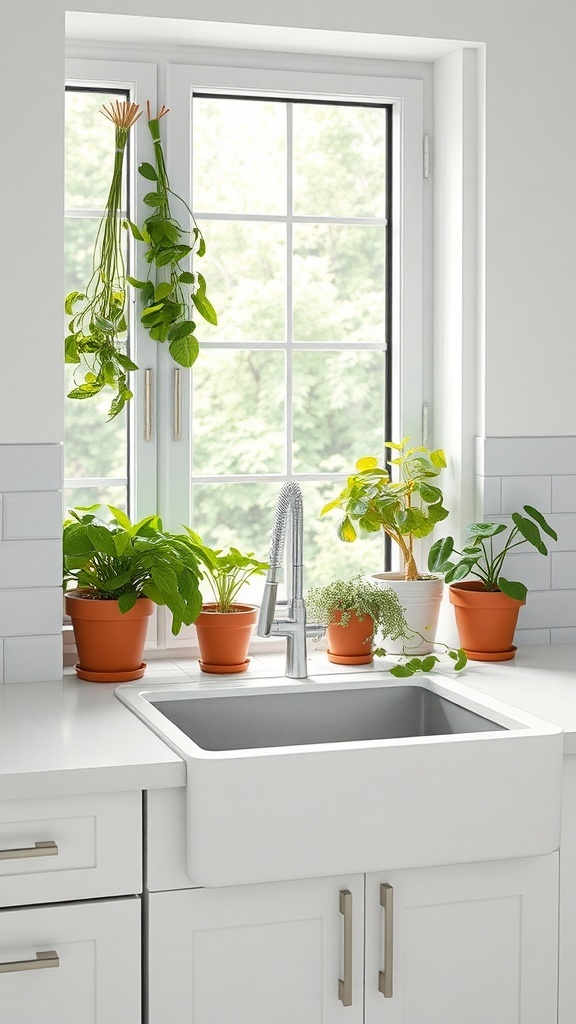 A bright white farmhouse kitchen with potted herbs on the windowsill.