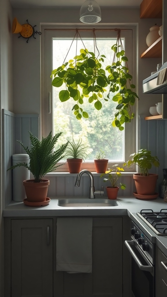 A cozy farmhouse kitchen with various indoor plants and herbs in pots by the window.