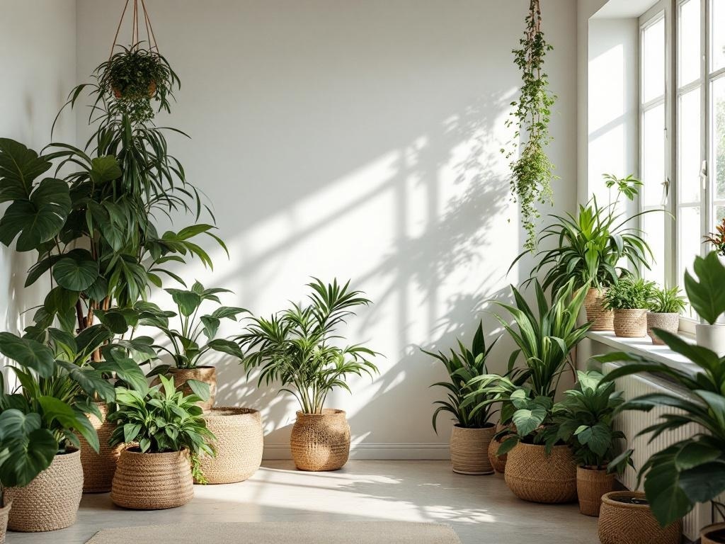 A bright room filled with various indoor plants in natural woven baskets, showcasing a warm minimalist design.