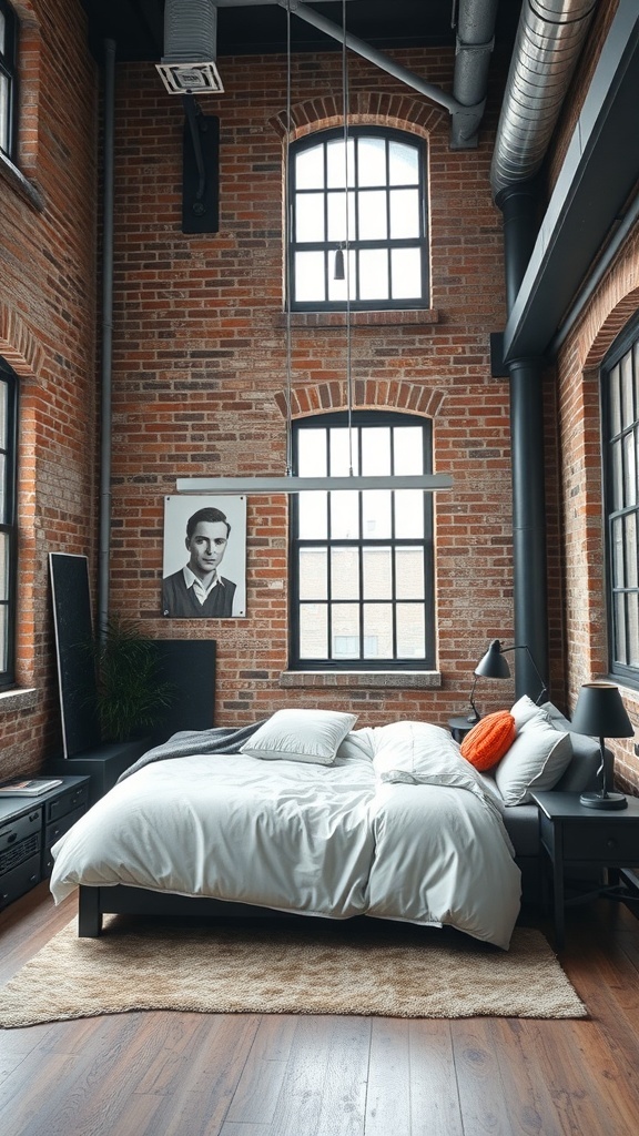 Loft bedroom with industrial elements, featuring exposed brick walls, large windows, and a cozy bed.