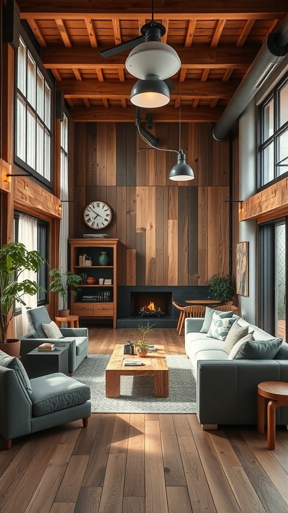A modern rustic living room featuring wooden walls, industrial lighting, and cozy furniture.
