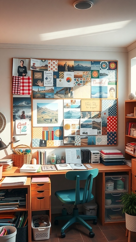 A cozy craft room featuring an inspiration board filled with photos, quotes, and colorful supplies.