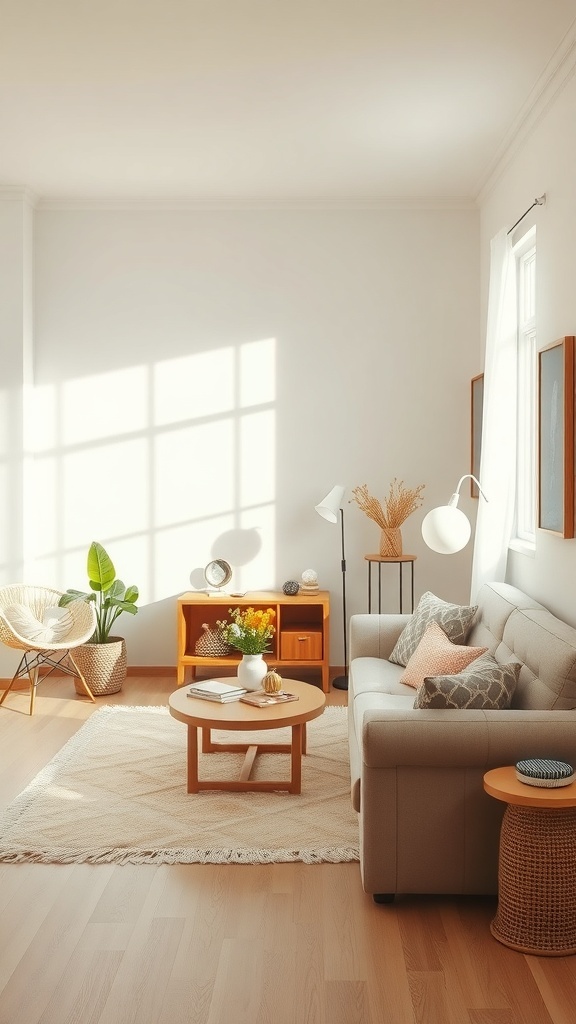 A bright and airy small living room with light-colored walls and furniture.