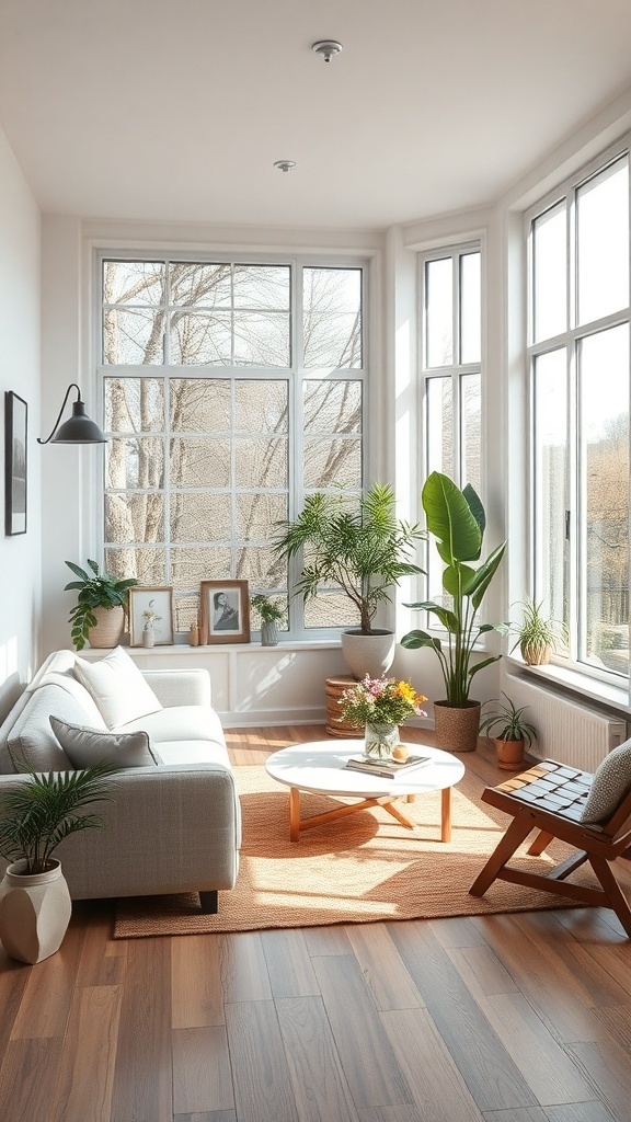 Bright and airy living room with large windows, light furniture, and plants