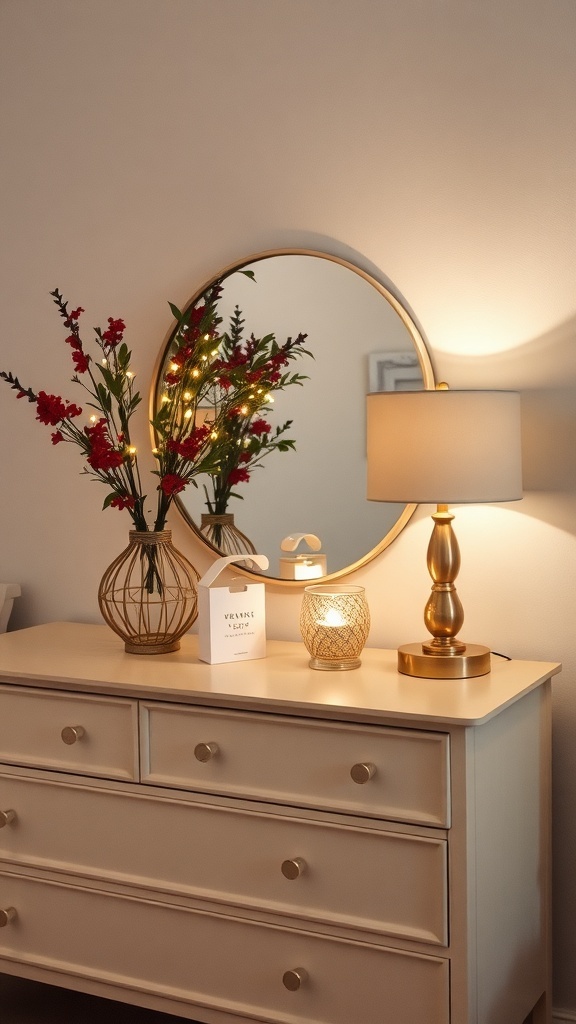 A stylish bedroom dresser with a lamp, decorative flowers, and a mirror.