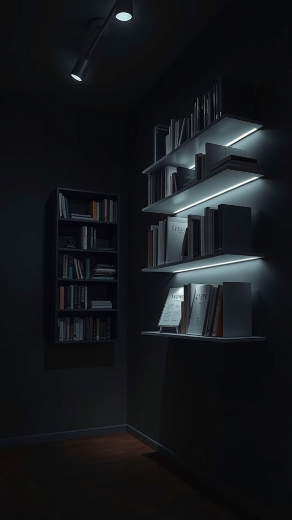 A dark room featuring floating bookshelves with soft lighting, showcasing books and creating a cozy atmosphere.