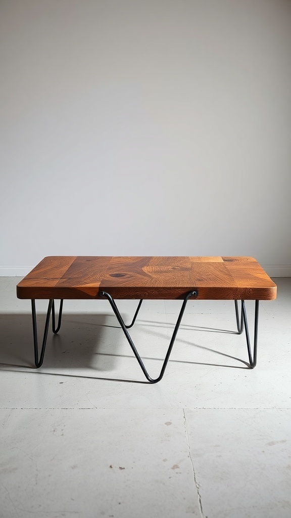 A rustic coffee table with a wooden top and metal legs.