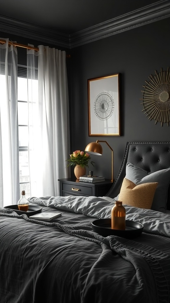 A cozy dark bedroom featuring metallic accents.