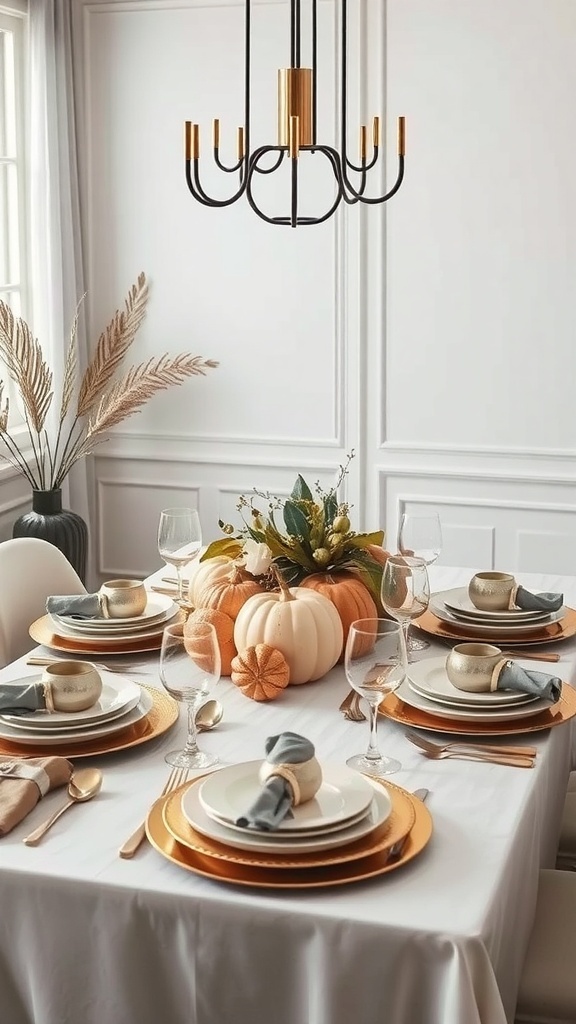 A modern Thanksgiving table setting featuring metallic accents, pumpkins, and elegant tableware.